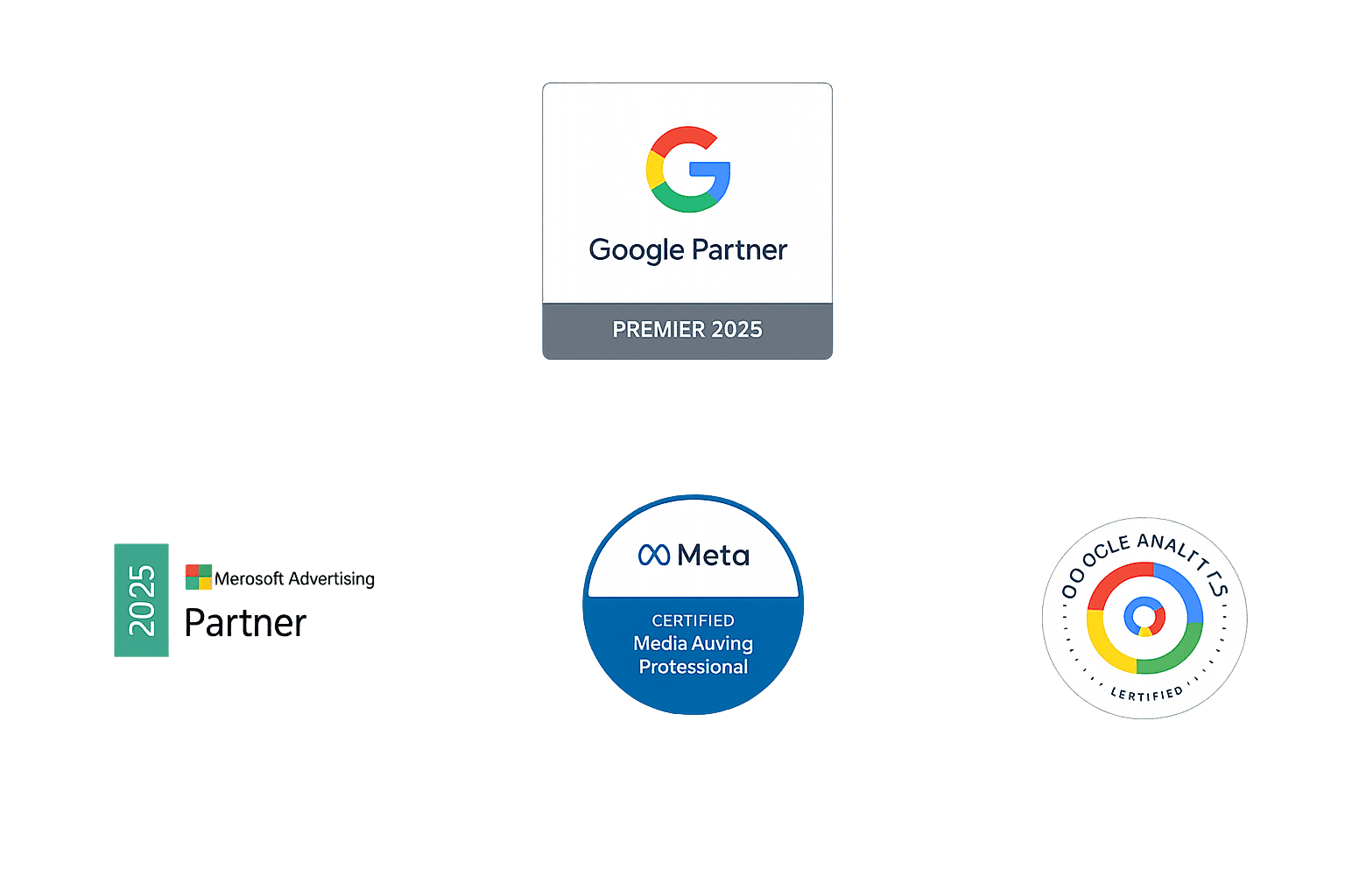 Official Google Partner Premier, Microsoft Advertising Partner, Meta Certified Media Buying Professional and Google Analytics Certified badges.