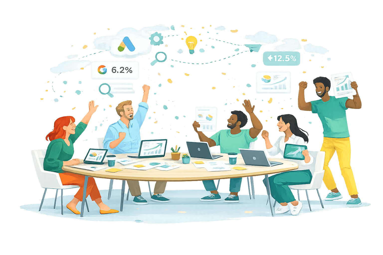 Flat illustration of a collaborative performance marketing team analysing data dashboards and celebrating measurable growth.