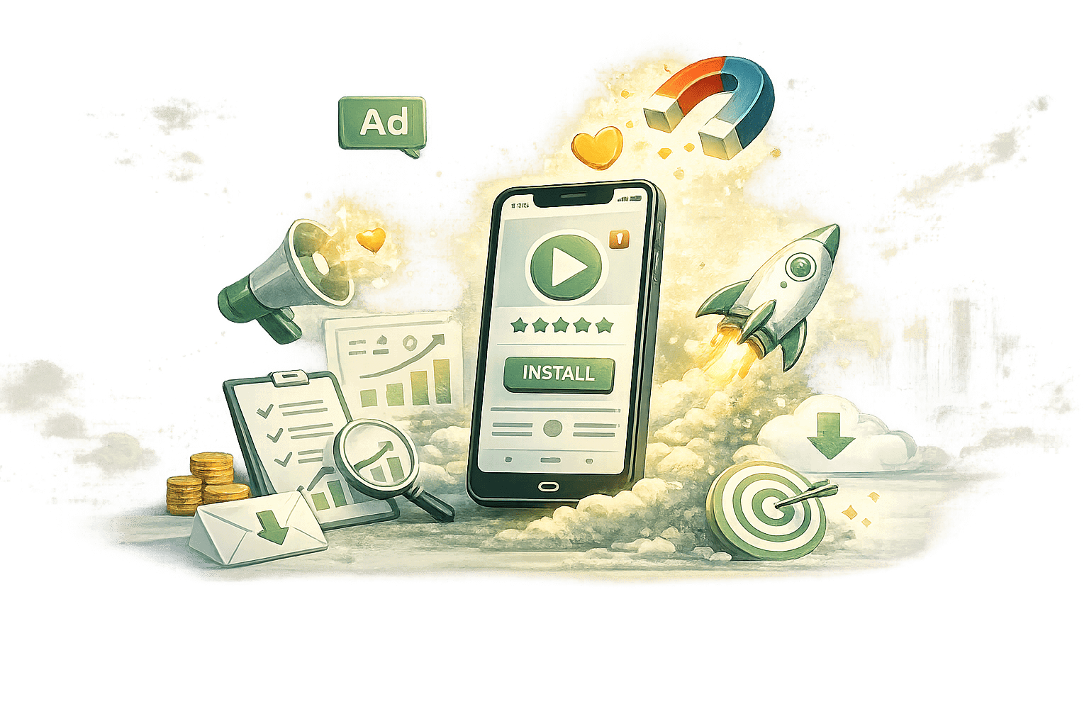 Illustration of app acquisition marketing showing a mobile app install campaign with performance tracking and growth metrics.