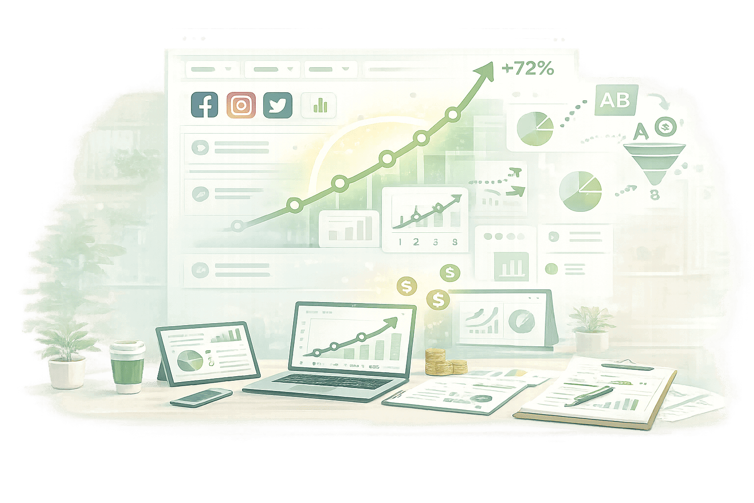Illustration of a paid social campaign analytics dashboard showing audience targeting, conversion tracking and revenue growth.